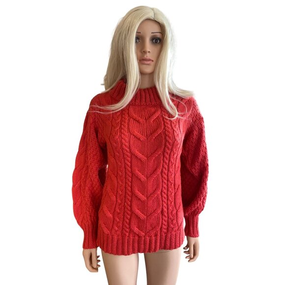 NWT Aran Woollen Mills Red Cable-knit Crew Neck Merino Sweater S Balloon Sleeves - Picture 2 of 14
